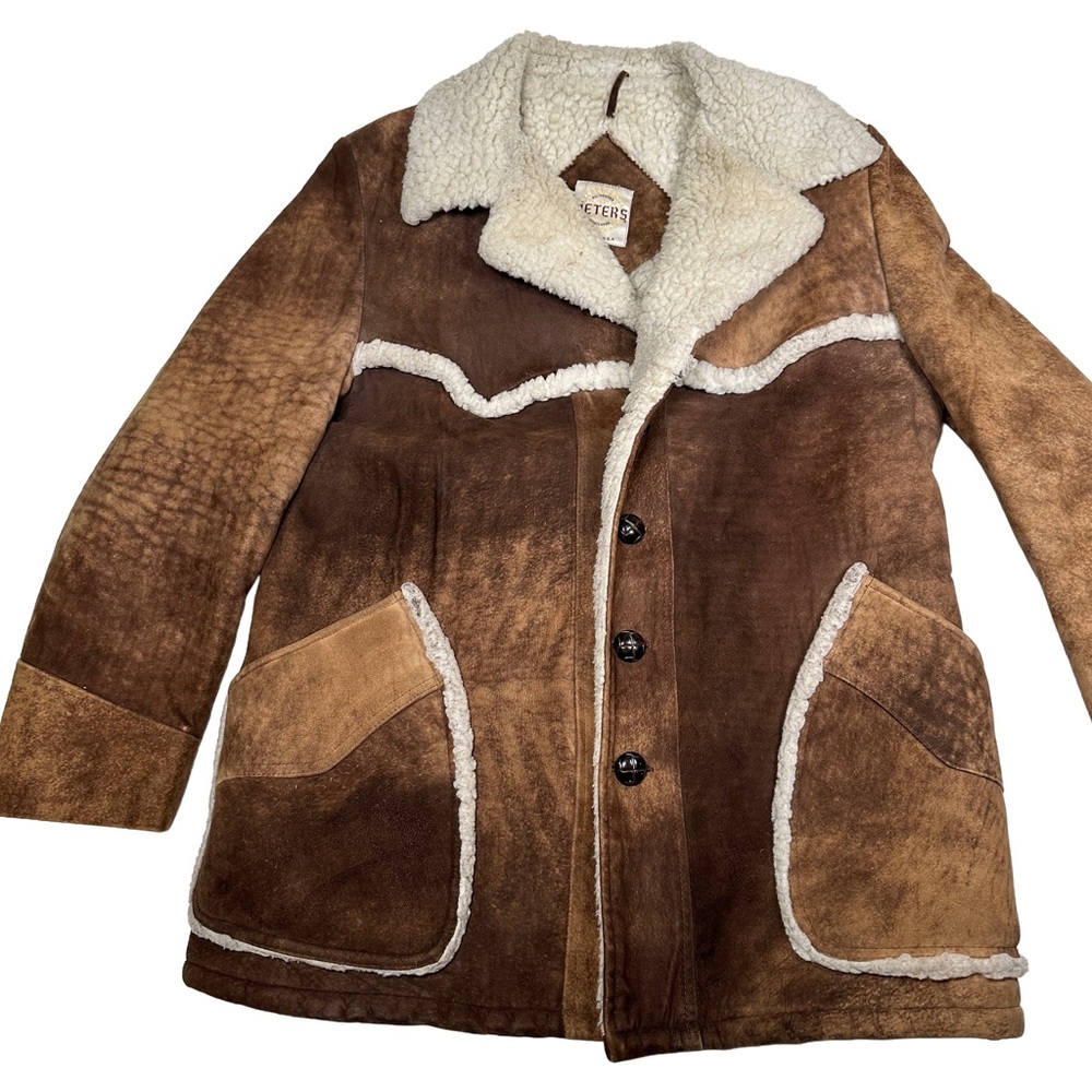 Vintage 60s 70s Sherpa‎ leather Brown leather coat western cowboy faux shearling